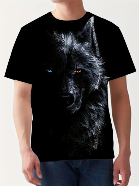 Cool Wolf Head 3D Graphic Print Men's Novelty Short Sleeve Crew Neck T-shirt