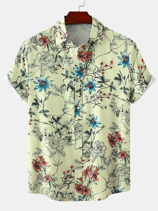 Mens Casual Beach Style Floral Non-Stretch Short Sleeve T Shirt, Male Clothes For Summer